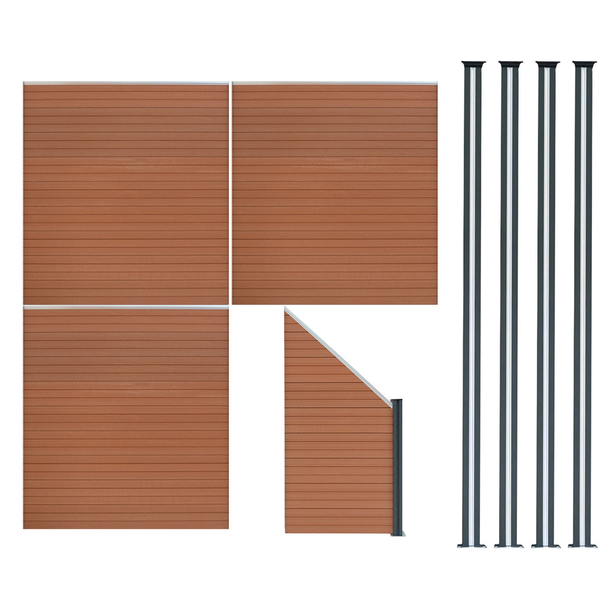 Composite Fence Panels x 3, Angled Piece & LED Posts x 4 - Brown