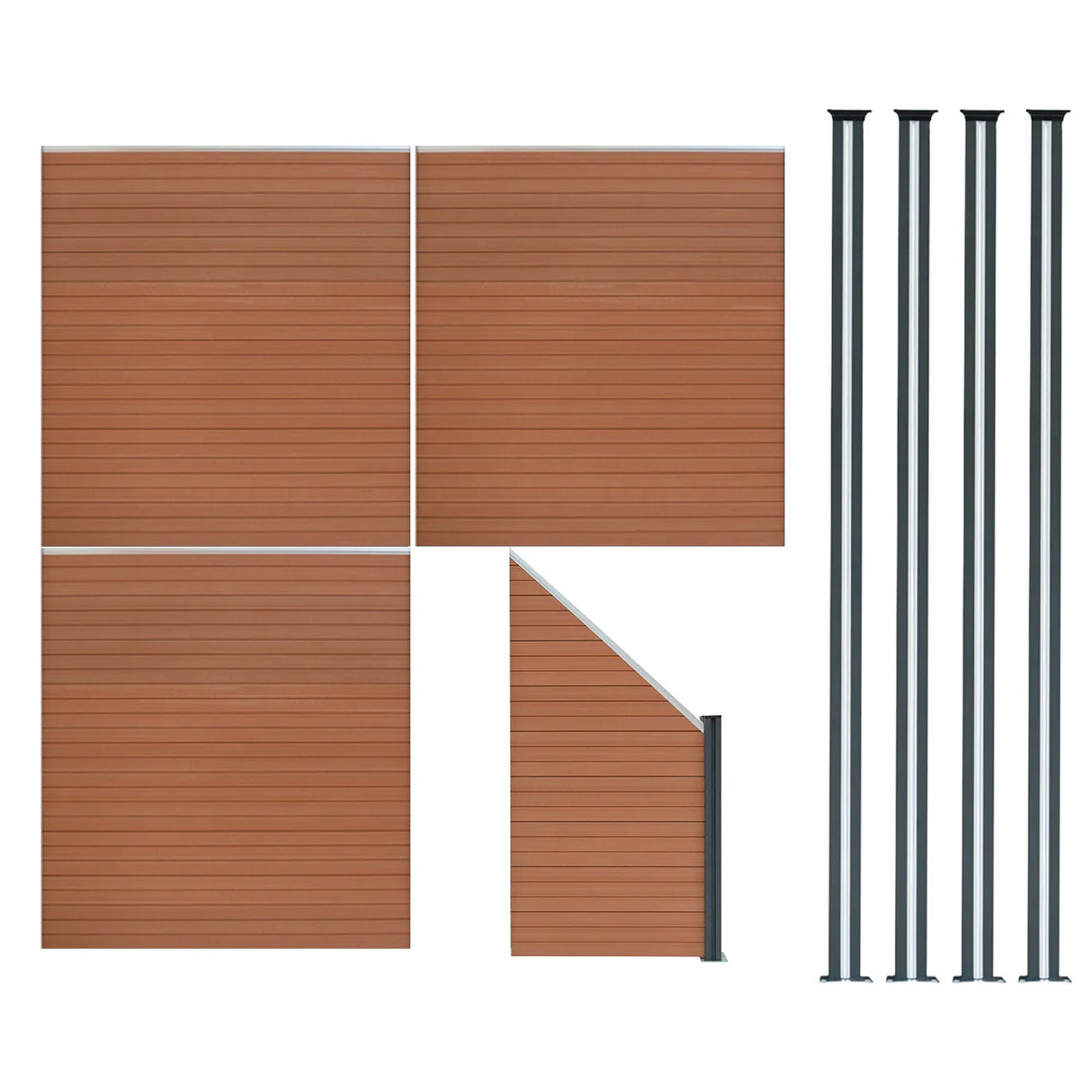 Composite fence panels in brown with angled piece and four sleek LED posts, showcasing a modern, textured design for outdoor spaces