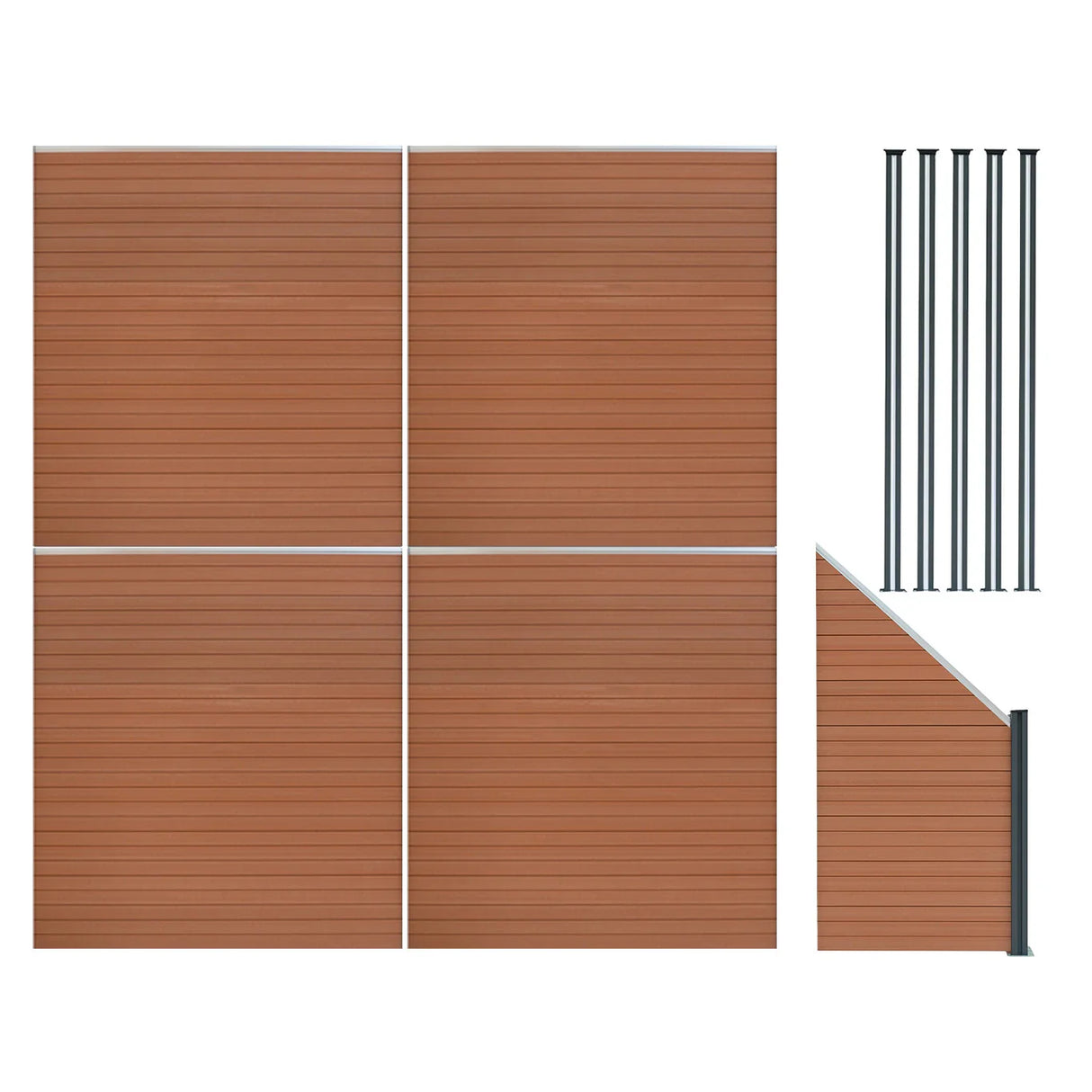 Brown composite fence panels with angled piece and LED posts, featuring a sleek, textured finish and modern design, 6ft x 25ft