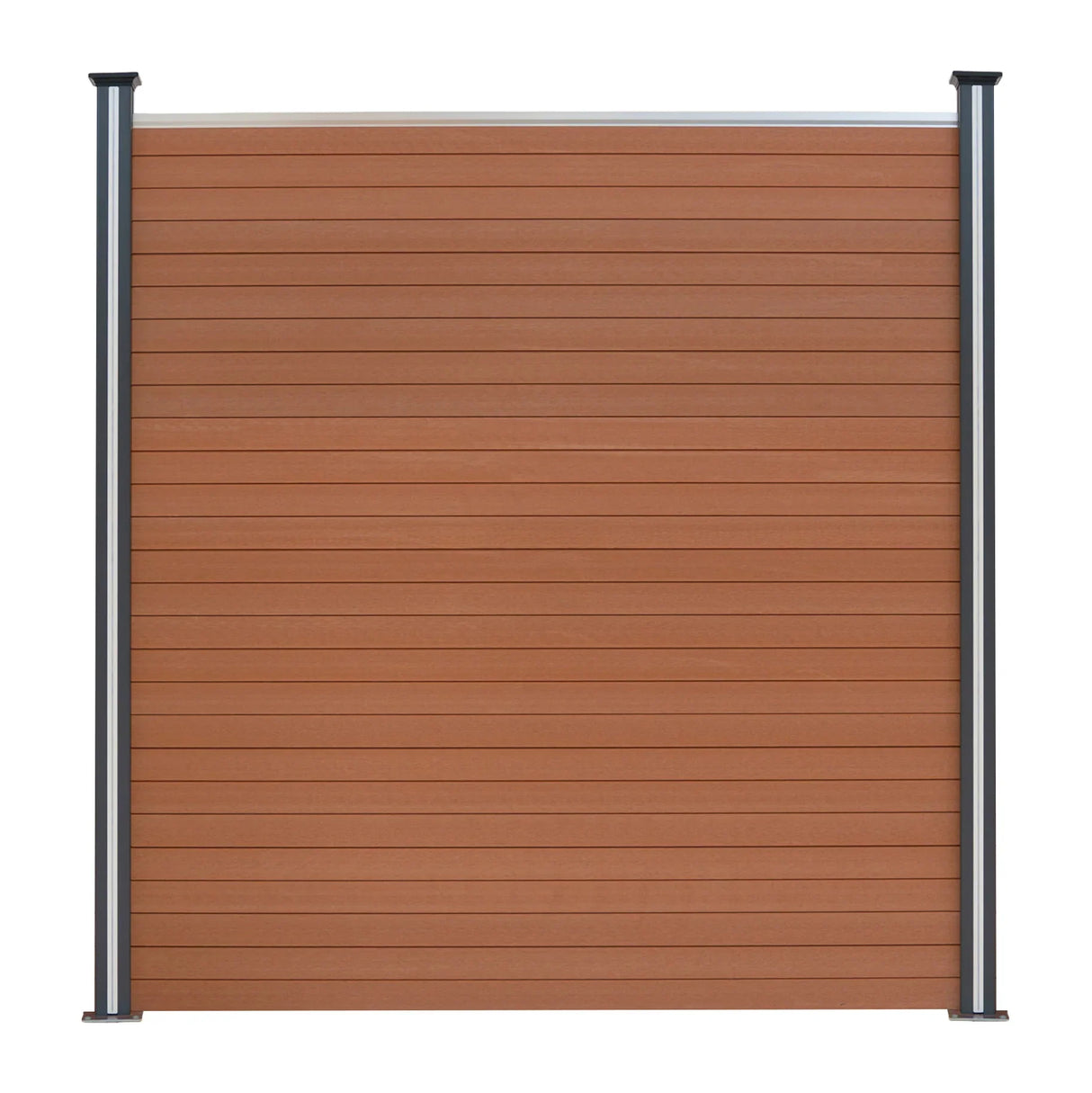 Brown composite fence panel with angled piece and LED posts, featuring a sleek, modern design and horizontal slats for durability