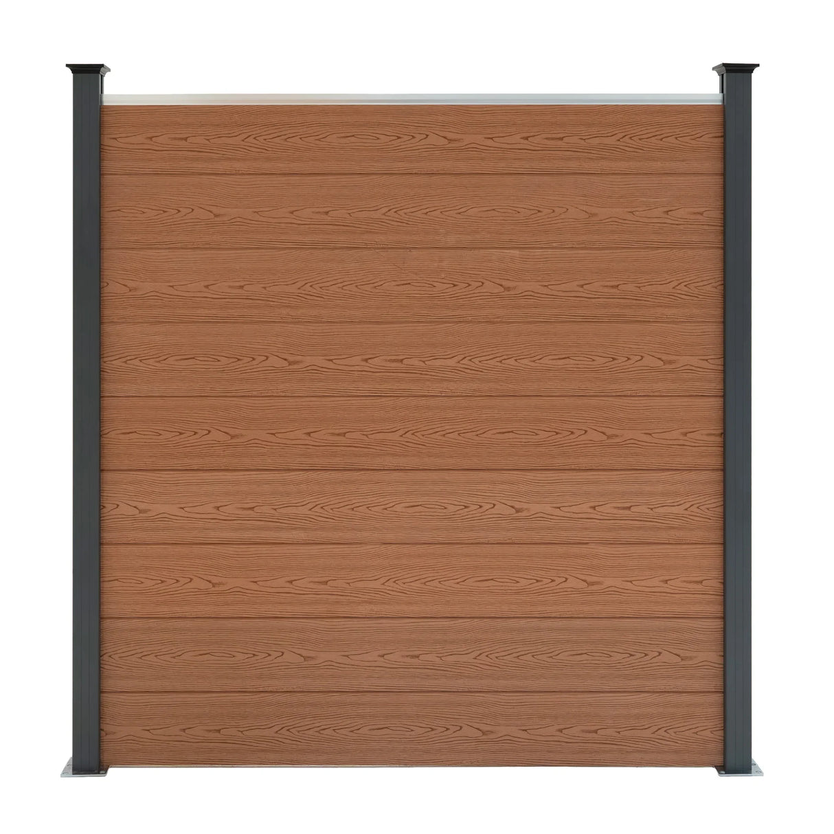 Brown composite fence panel with angled piece and LED posts, featuring a smooth wood-like texture and sleek black metal accents