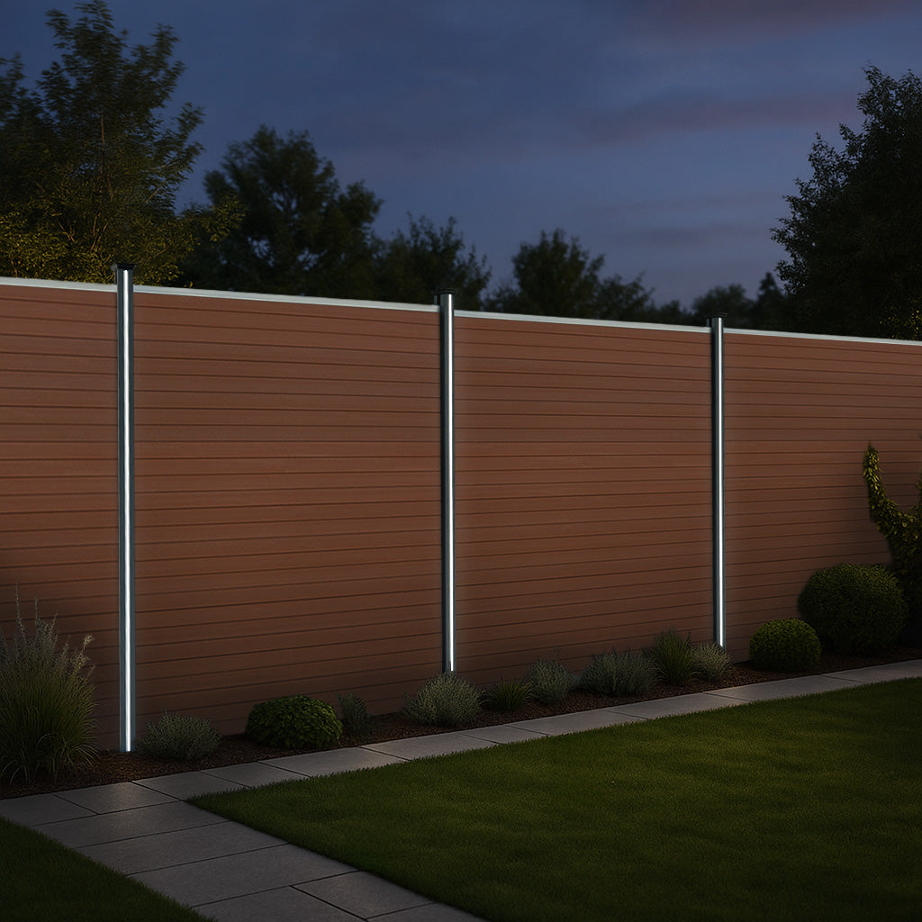 Composite Fence Panels x 10, Angled Piece & LED Posts x 11 - Brown