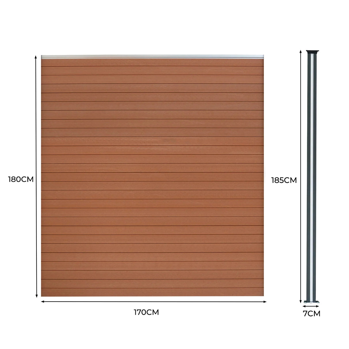 Brown composite fence panel with angled piece and LED posts, featuring a smooth texture and modern design, dimensions 6ft x 60ft