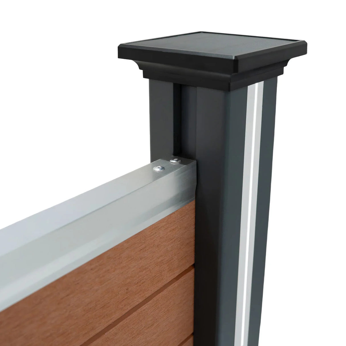 Brown composite fence panel angled piece with sleek LED post, featuring a modern design and durable materials for outdoor use