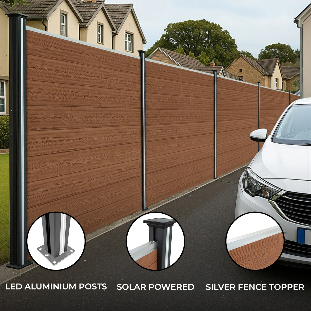 Composite Fence Panels x 10, Angled Piece & LED Posts x 11 - Brown