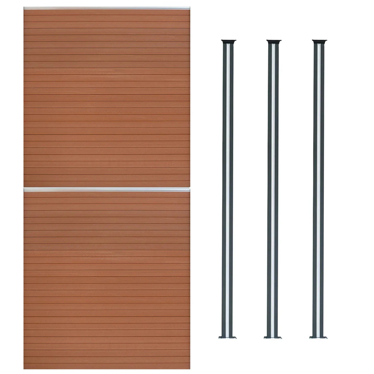 Composite fence panels in rich brown with horizontal slats, accompanied by four sleek black LED posts for modern outdoor aesthetics