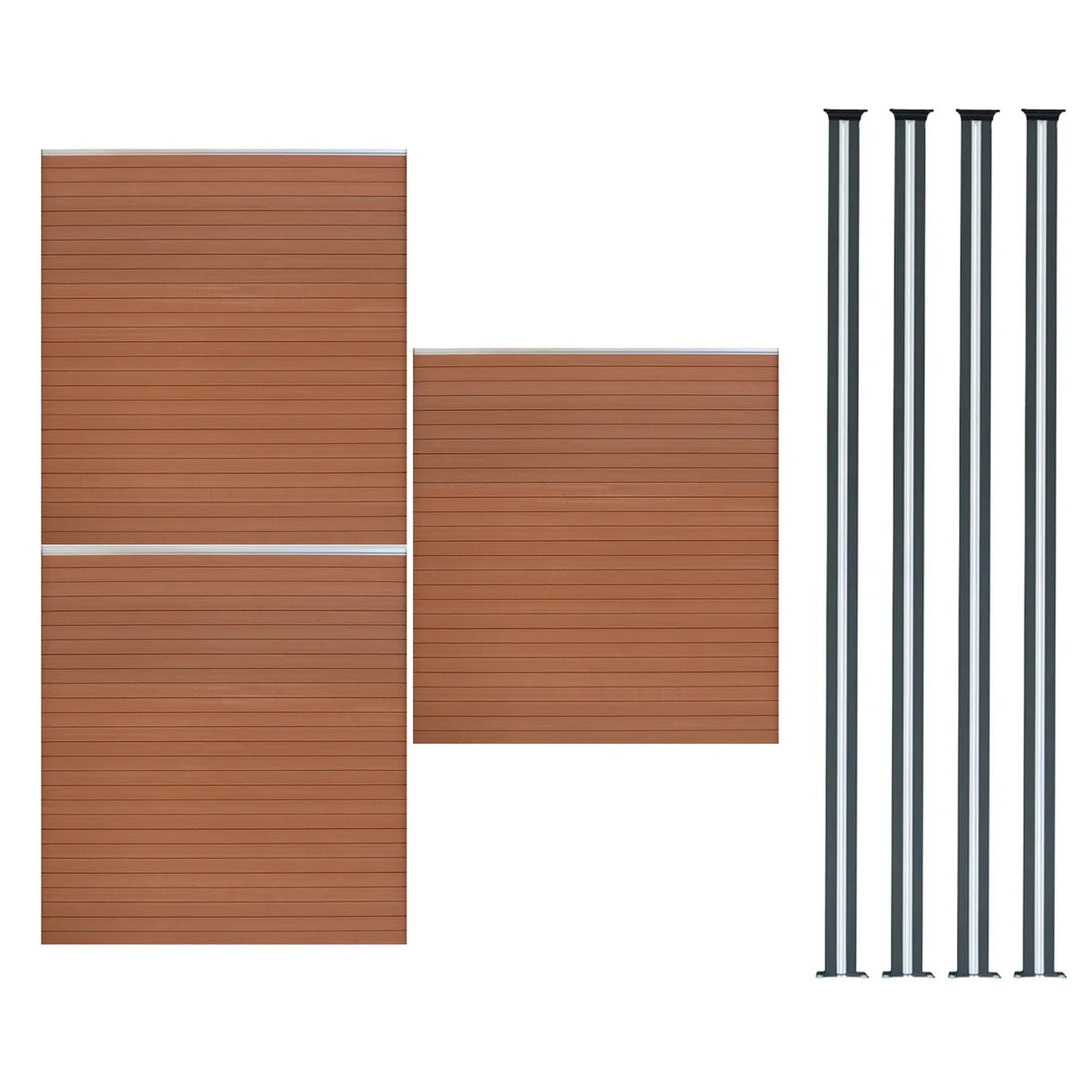 Composite fence panels in rich brown with a smooth texture, paired with sleek black LED posts, ideal for outdoor spaces