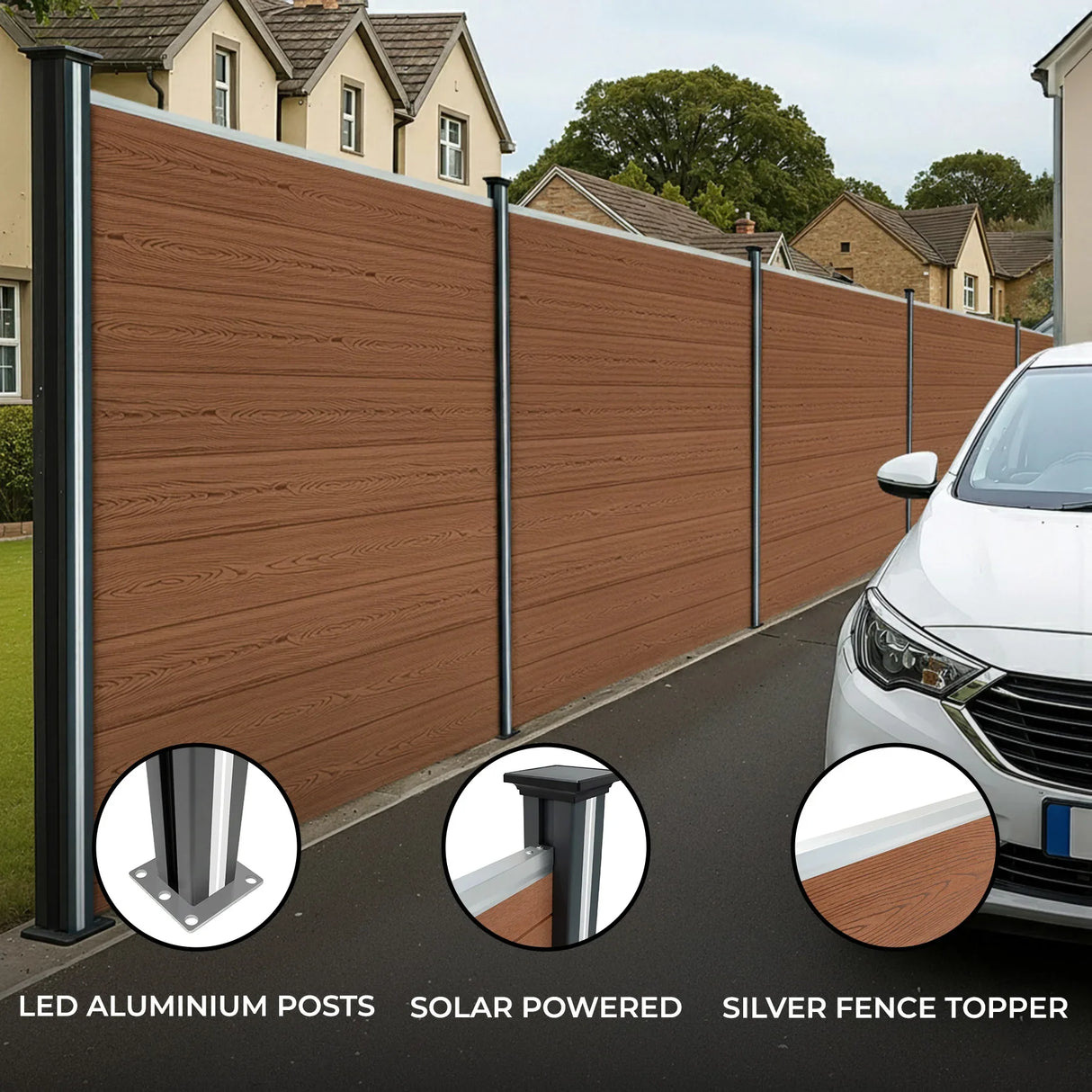 Brown composite fence panels with sleek LED aluminum posts, featuring a silver fence topper, enhancing outdoor aesthetics