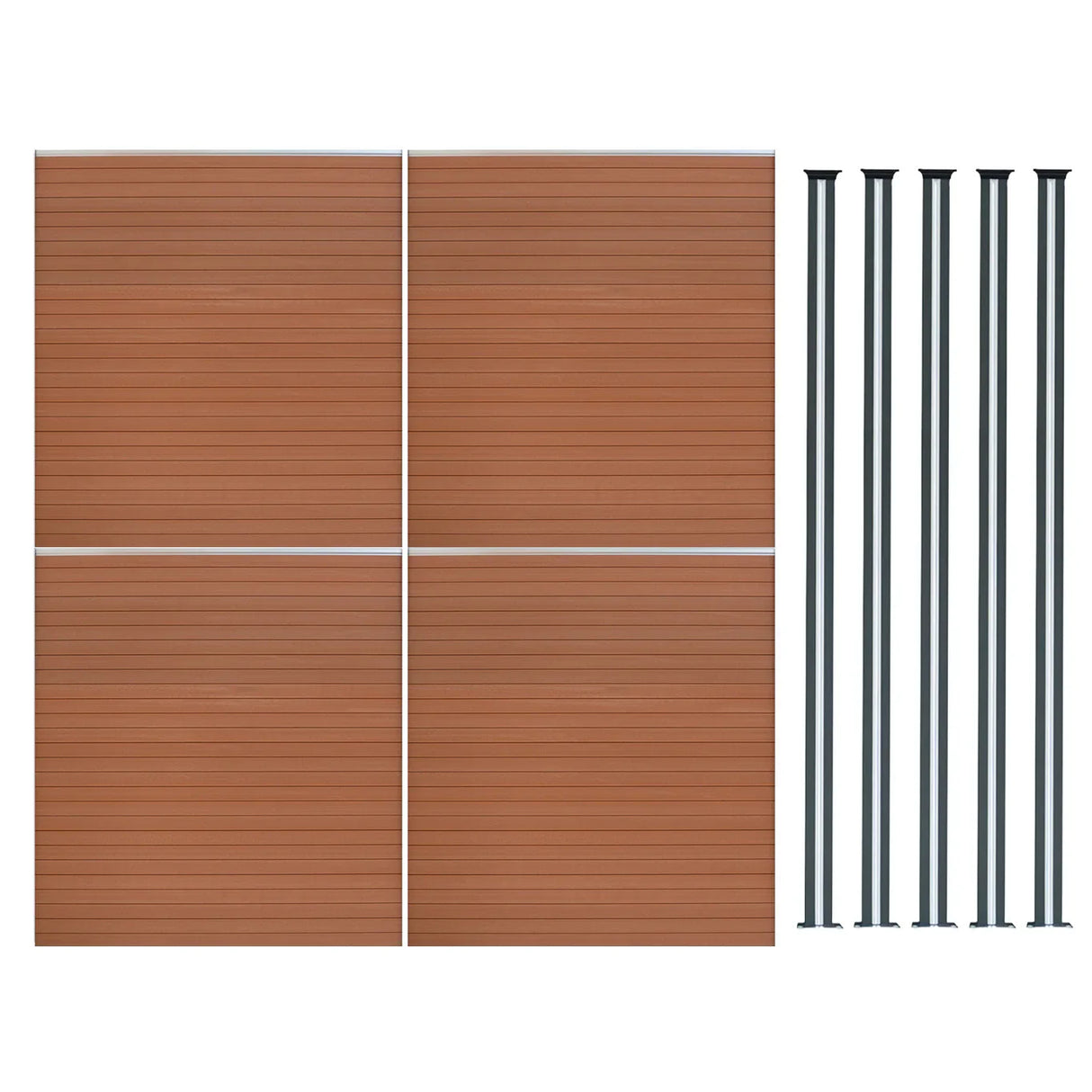 Composite fence panels in rich brown with textured surface, accompanied by sleek LED posts, ideal for modern outdoor spaces