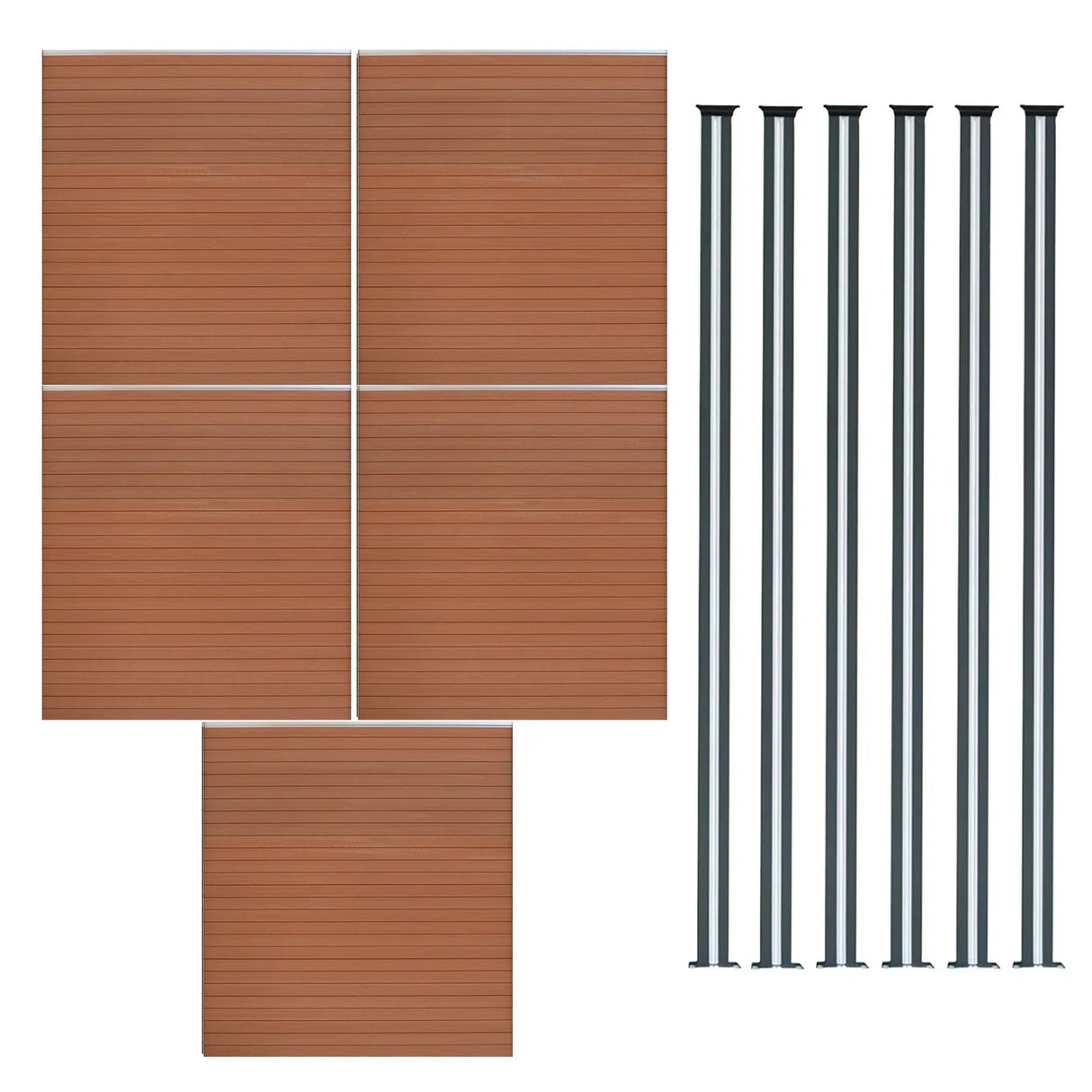 Brown composite fence panels and sleek LED posts, showcasing a modern design with a textured finish, ideal for outdoor spaces