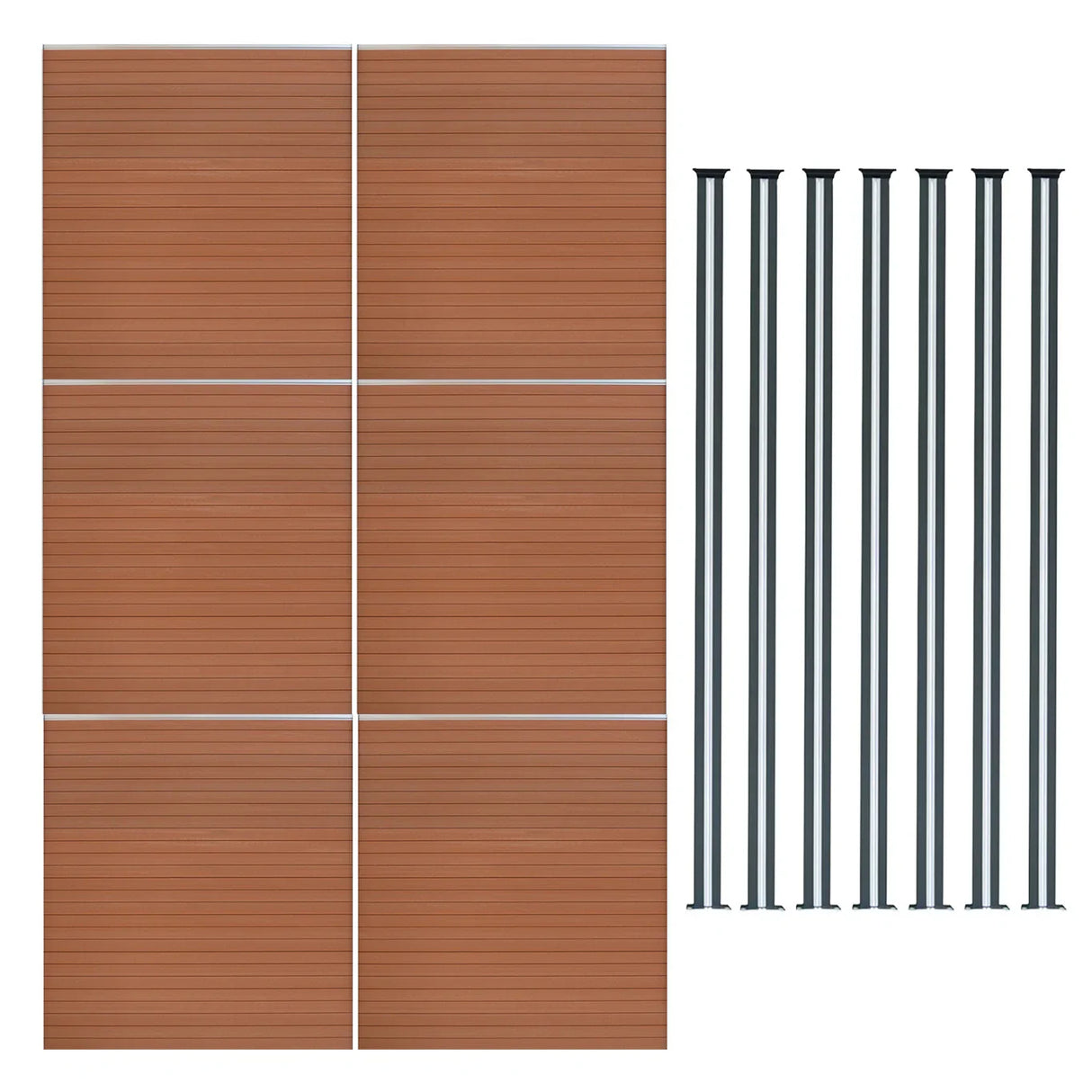 Composite fence panels in rich brown with a textured finish, accompanied by sleek LED posts, ideal for outdoor spaces