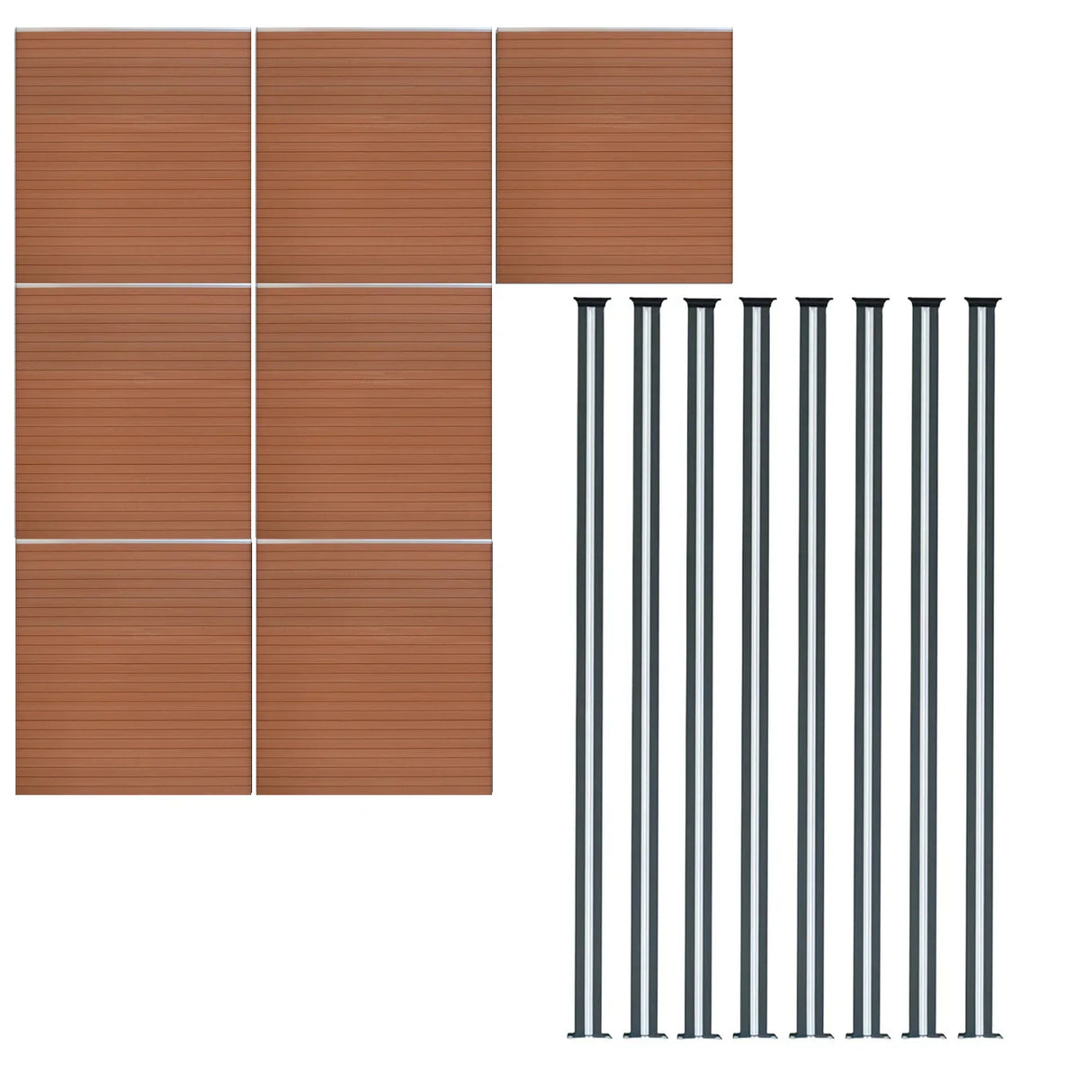 Brown composite fence panels with a wood-like texture, accompanied by sleek black LED posts, ideal for outdoor fencing solutions