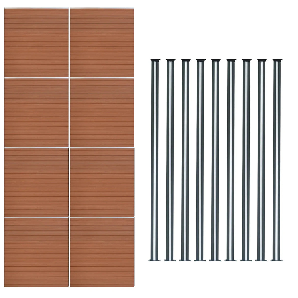 Composite fence panels in rich brown with a wood-like texture, paired with sleek black LED posts, ideal for outdoor spaces