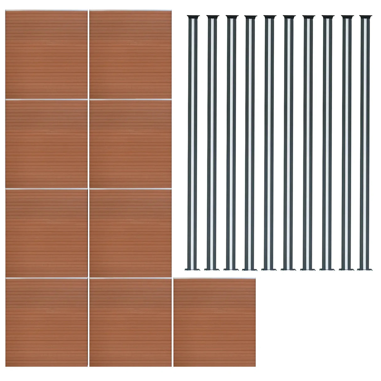 Brown composite fence panels and sleek LED posts, showcasing a modern design with a textured finish, ideal for outdoor spaces