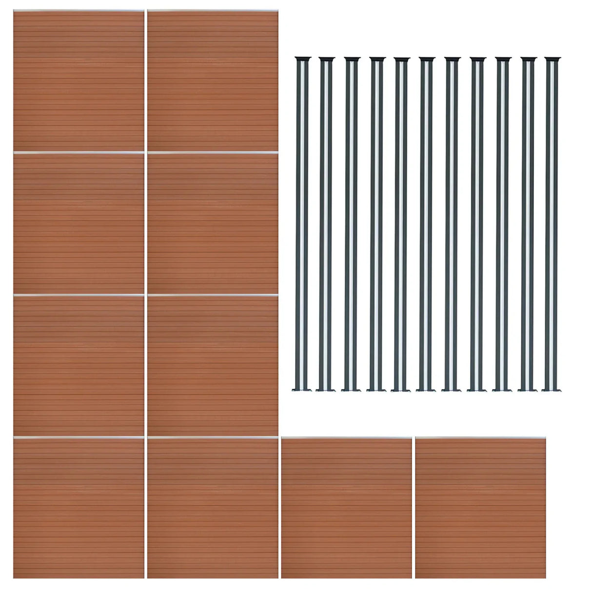 Composite fence panels in rich brown with a wood-like texture, accompanied by sleek black LED posts, ideal for outdoor spaces