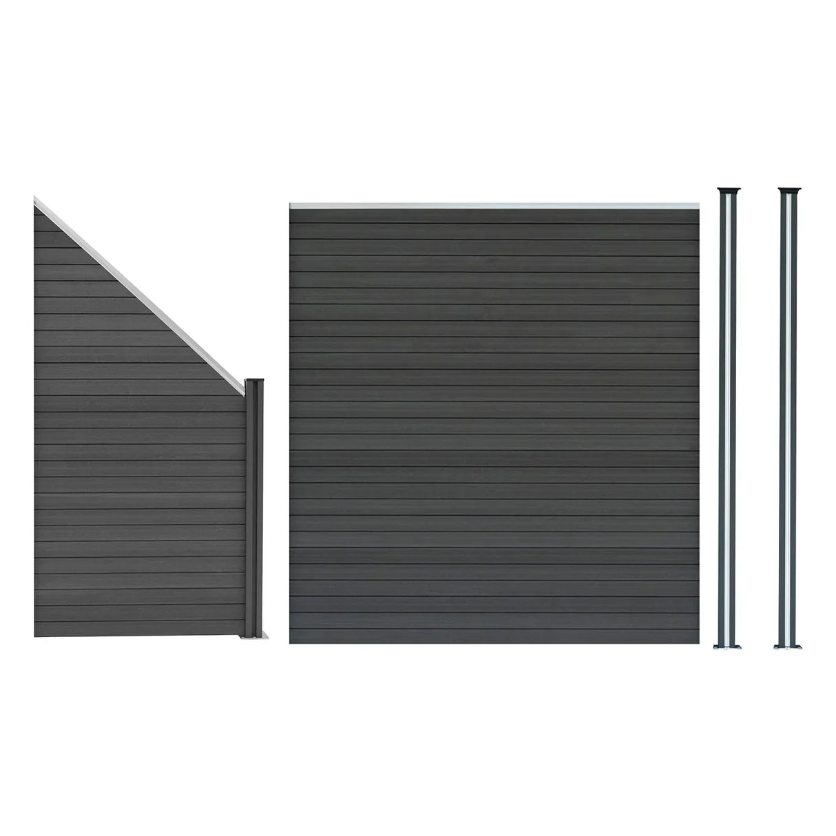 Grey composite fence panel set featuring an angled piece and two LED posts, showcasing a sleek, modern design and durable texture