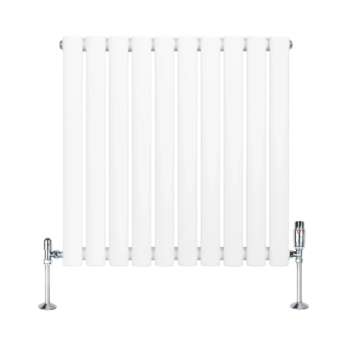 Oval single column radiator in white, 600mm x 600mm, featuring smooth vertical bars and chrome valves for a modern look