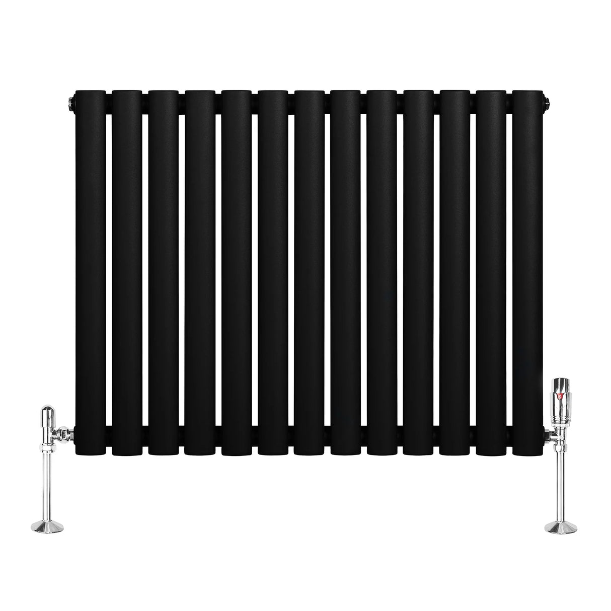 Sleek black oval single column radiator with polished chrome valves, featuring a modern design and smooth matte finish, 600mm x 780mm