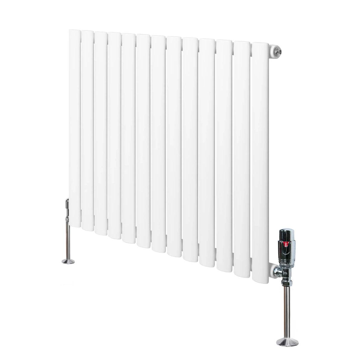 Oval single column radiator in white, measuring 600mm x 780mm, featuring sleek vertical panels and stylish valves for modern heating solutions