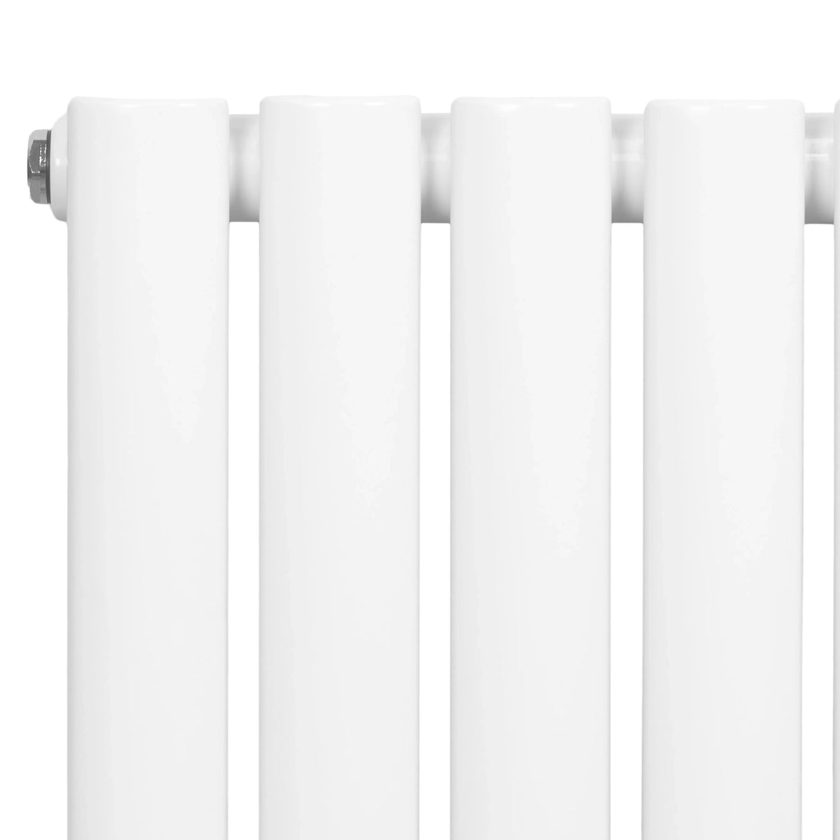 White oval single column radiator with smooth, glossy finish, featuring vertical tubes and a sleek design, ideal for modern interiors