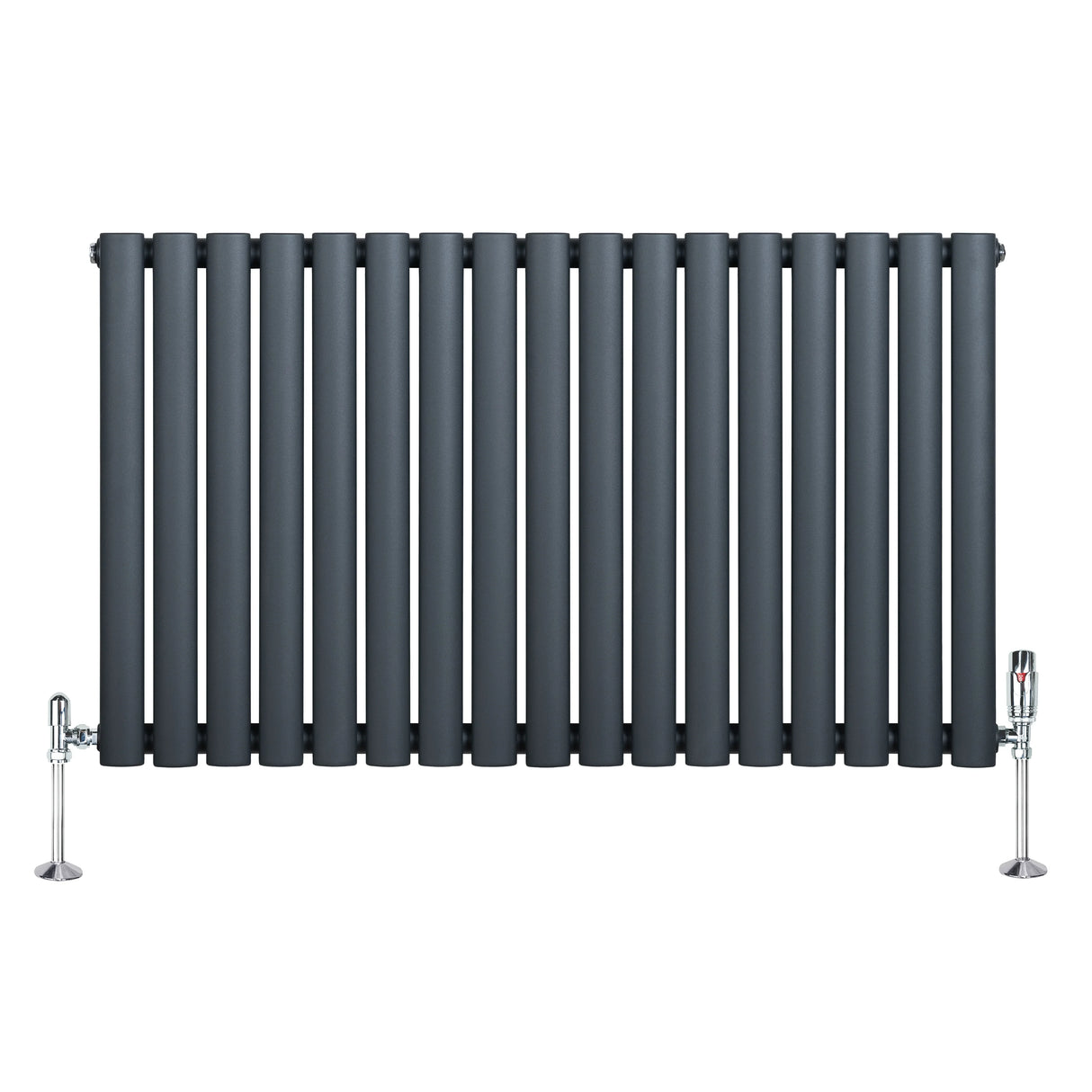 Oval single column radiator in anthracite grey, featuring sleek vertical bars and chrome valves, ideal for modern interiors
