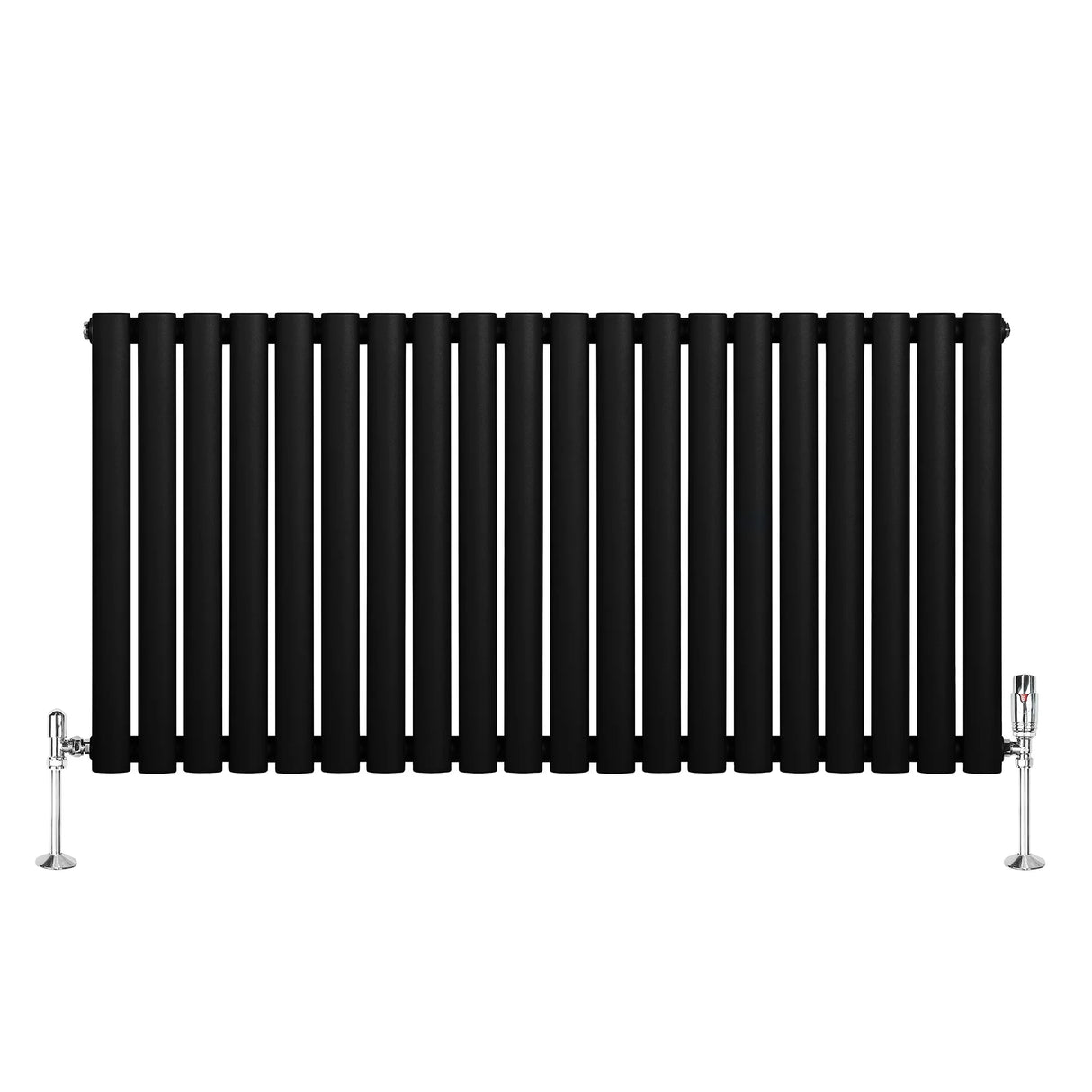 Sleek black oval single column radiator with polished chrome valves, featuring a modern design and smooth, matte finish