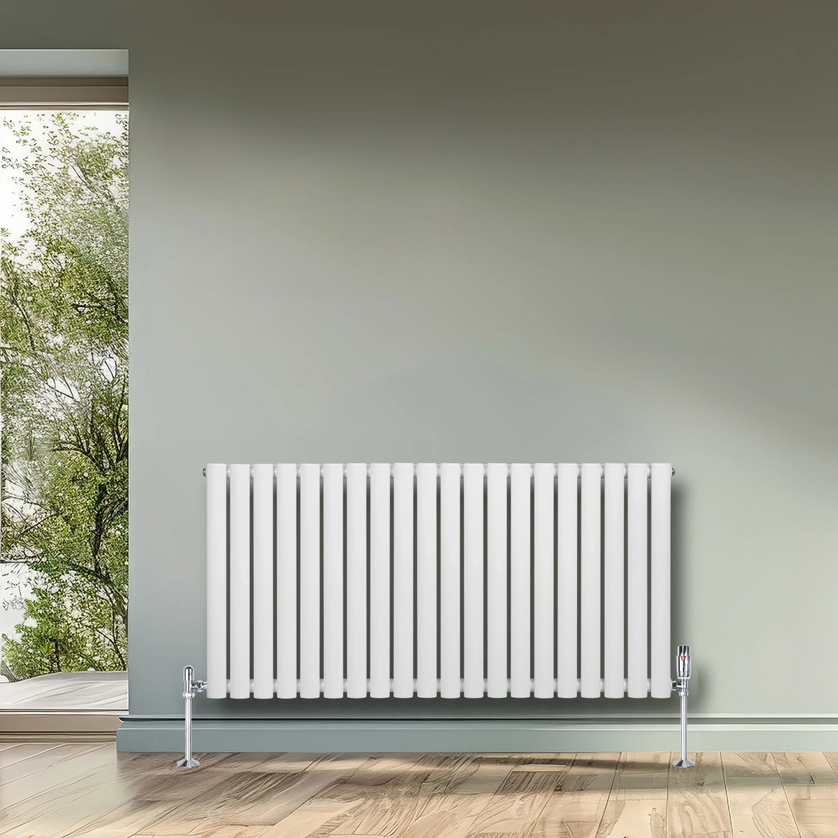 Oval single column radiator in white, 600mm x 1200mm, featuring sleek vertical lines and chrome valves, set against a light green wall