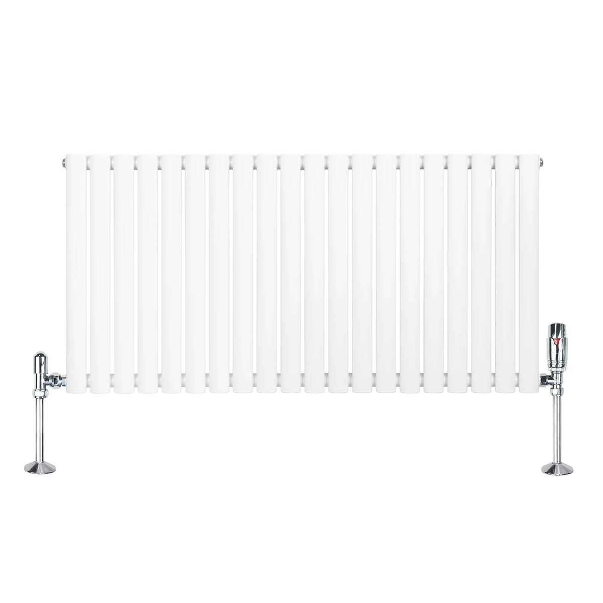 White oval single column radiator with sleek vertical fins and chrome valves, measuring 600mm x 1200mm, ideal for modern interiors