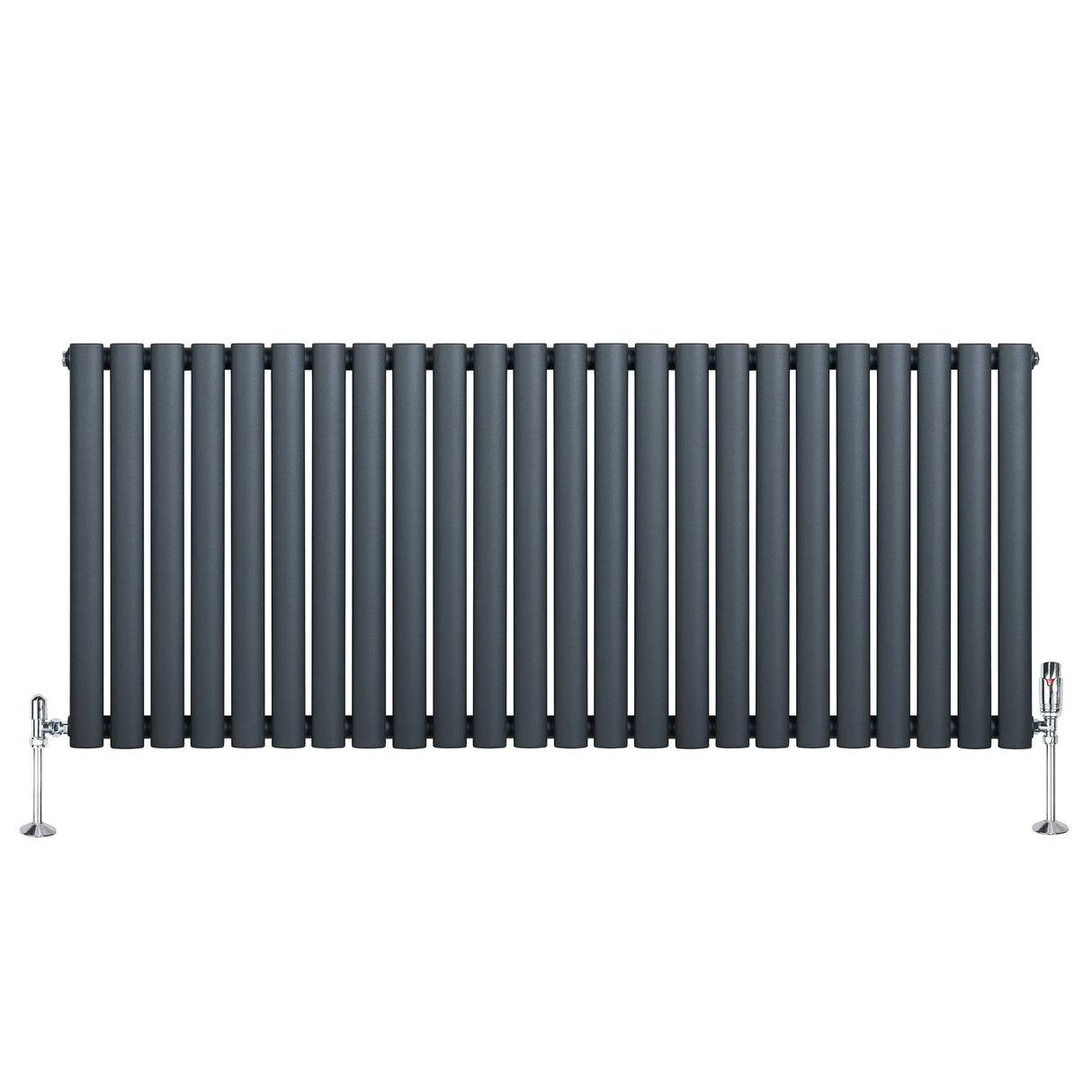 Oval single column radiator in anthracite grey, 600mm x 1440mm, featuring sleek vertical bars and chrome valves for modern decor
