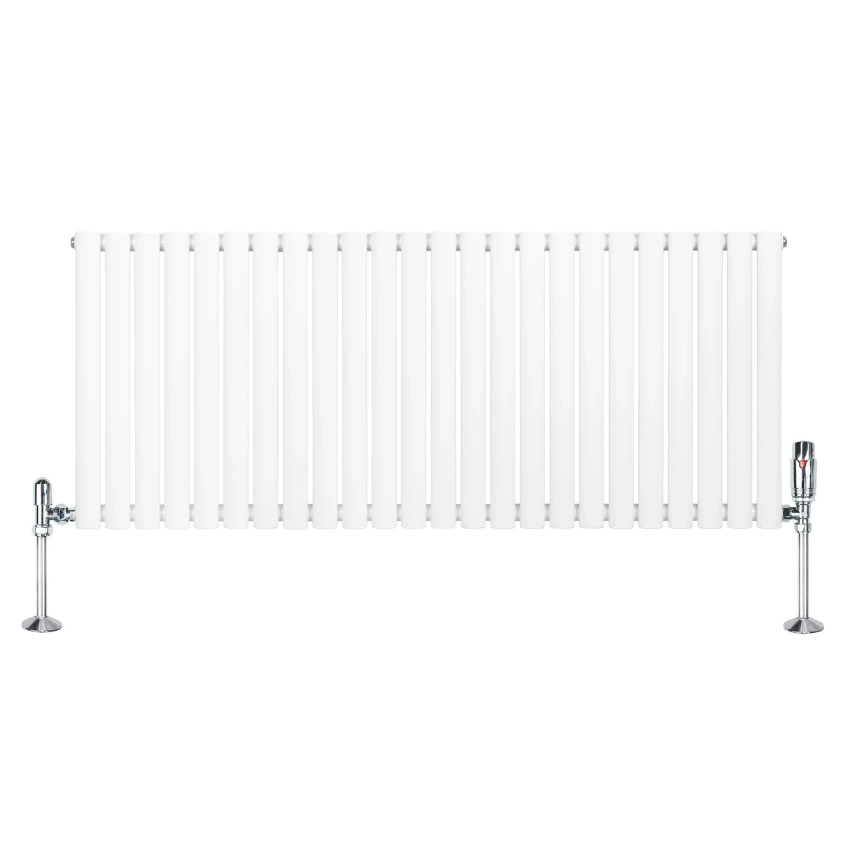 Oval single column radiator in white, 600mm x 1440mm, featuring sleek vertical bars and chrome valves for modern heating solutions