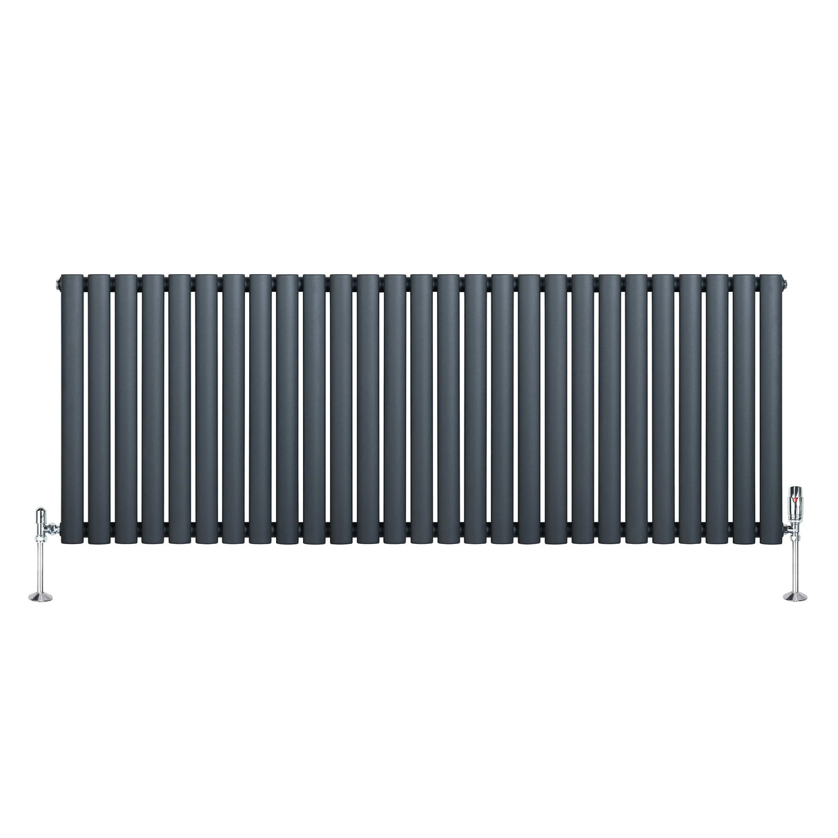 Oval single column radiator in anthracite grey, 600mm x 1620mm, featuring sleek vertical bars and chrome valves for modern decor