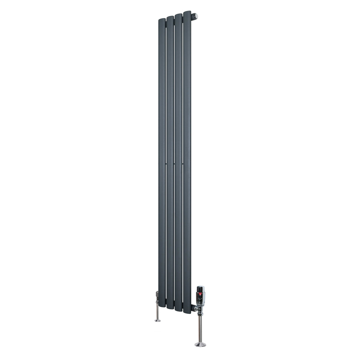 Oval single column radiator in anthracite grey, 1600mm x 240mm, featuring sleek vertical lines and modern valve design