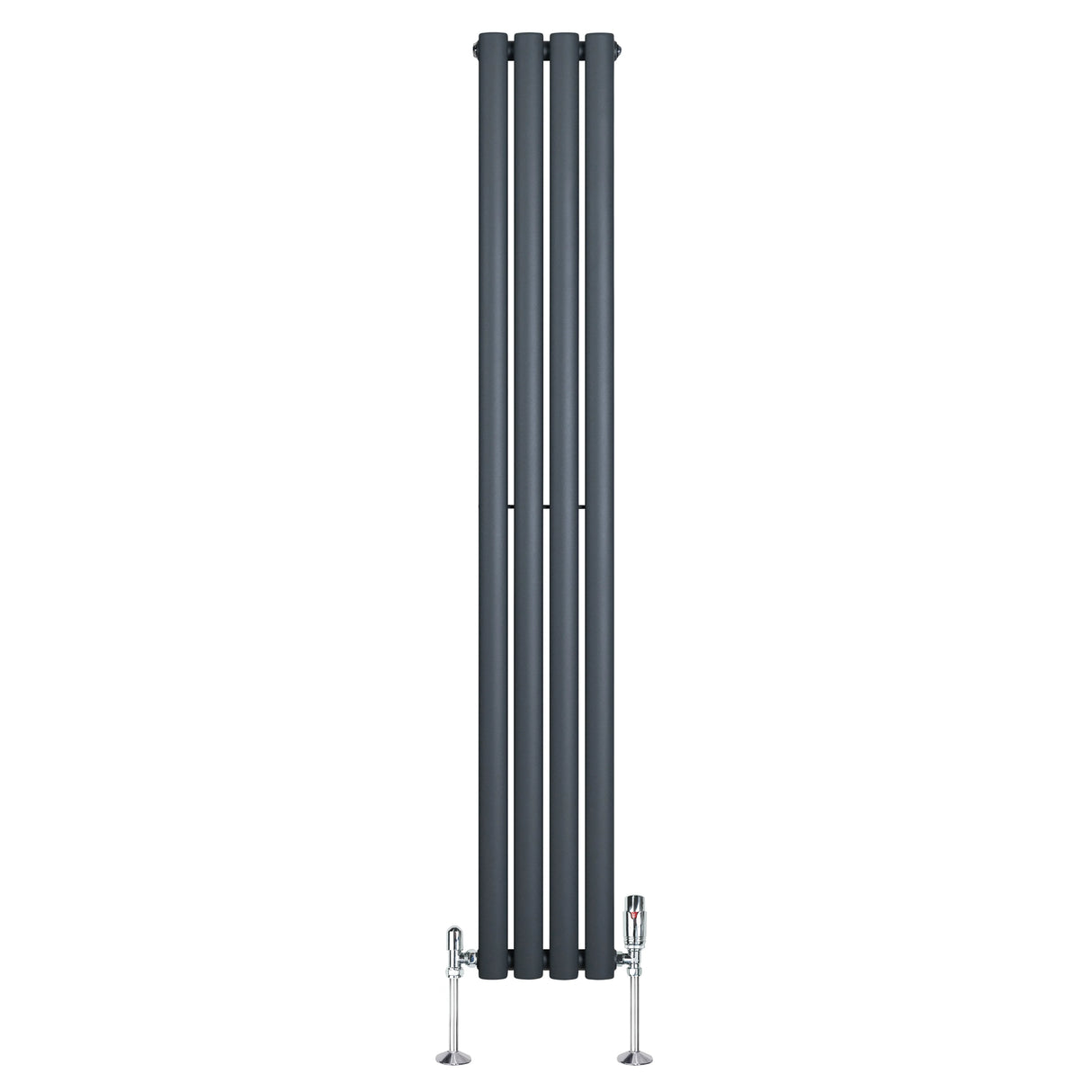 Oval single column radiator in anthracite grey, 1600mm x 240mm, featuring sleek vertical lines and modern valves for stylish heating