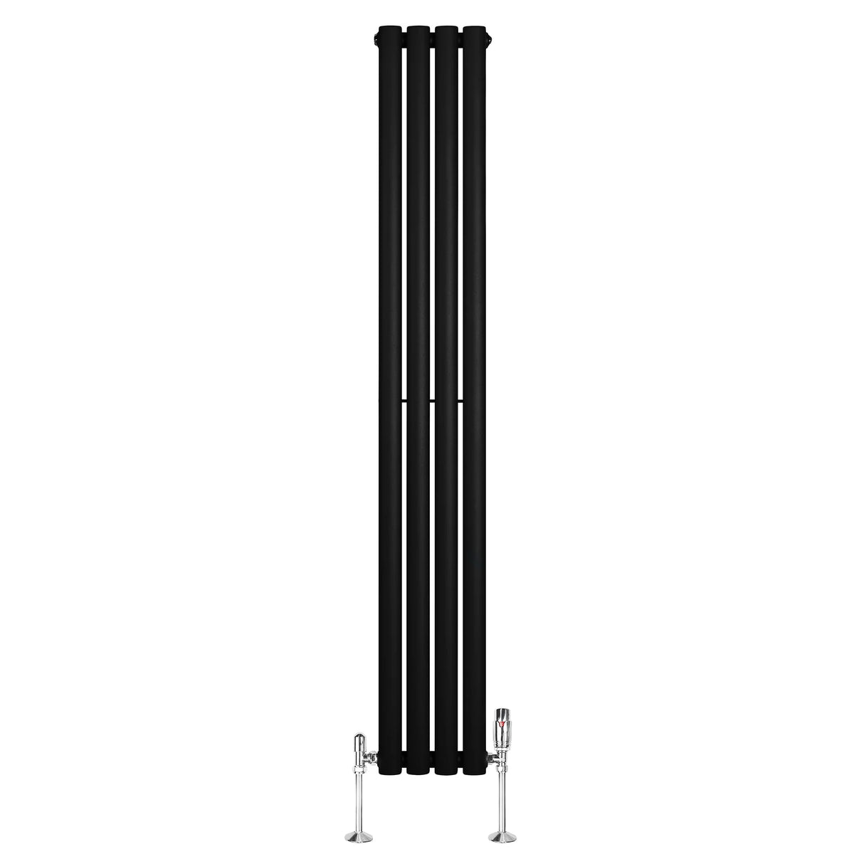 Sleek black oval single column radiator with a modern design, measuring 1600mm x 240mm, complemented by stylish valves