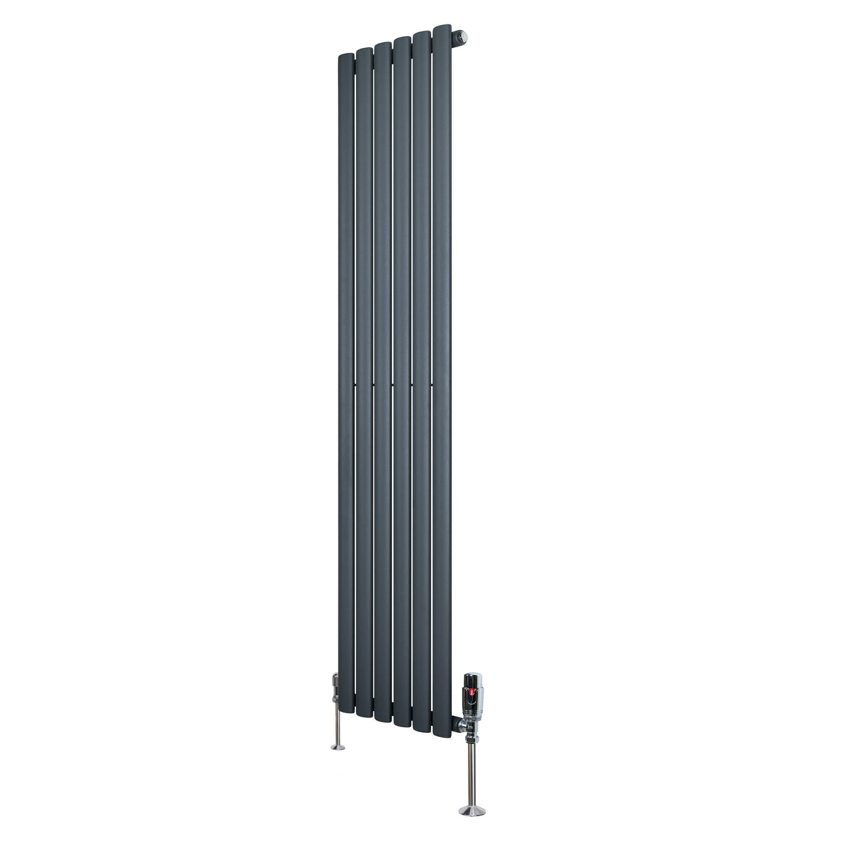 Oval single column radiator in anthracite grey, 1600mm x 360mm, featuring sleek vertical lines and modern valve design