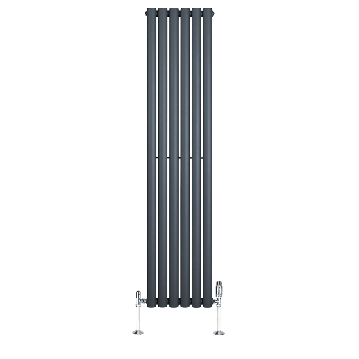 Oval single column radiator in anthracite grey, measuring 1600mm x 360mm, featuring sleek vertical lines and chrome valves