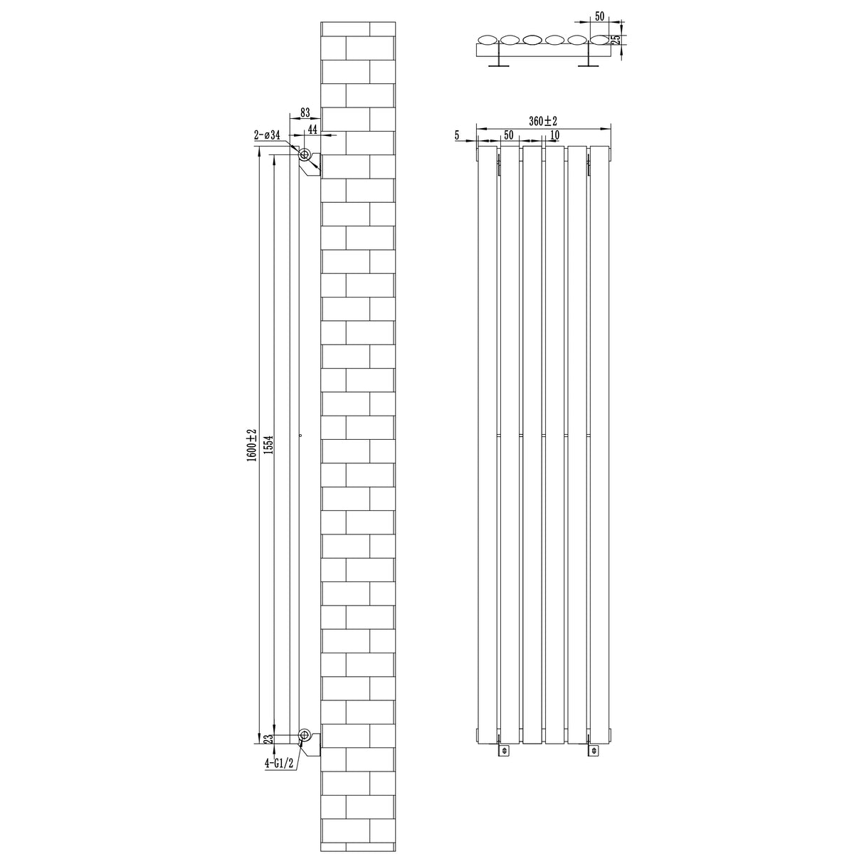 Oval single column radiator in anthracite grey, measuring 1600mm x 360mm, featuring a sleek, modern design with precise dimensions