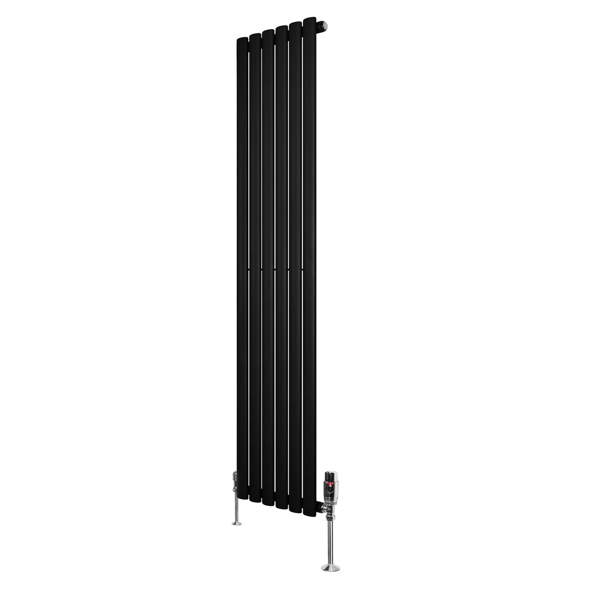 Sleek black oval single column radiator with vertical slats, measuring 1600mm x 360mm, complemented by chrome valves