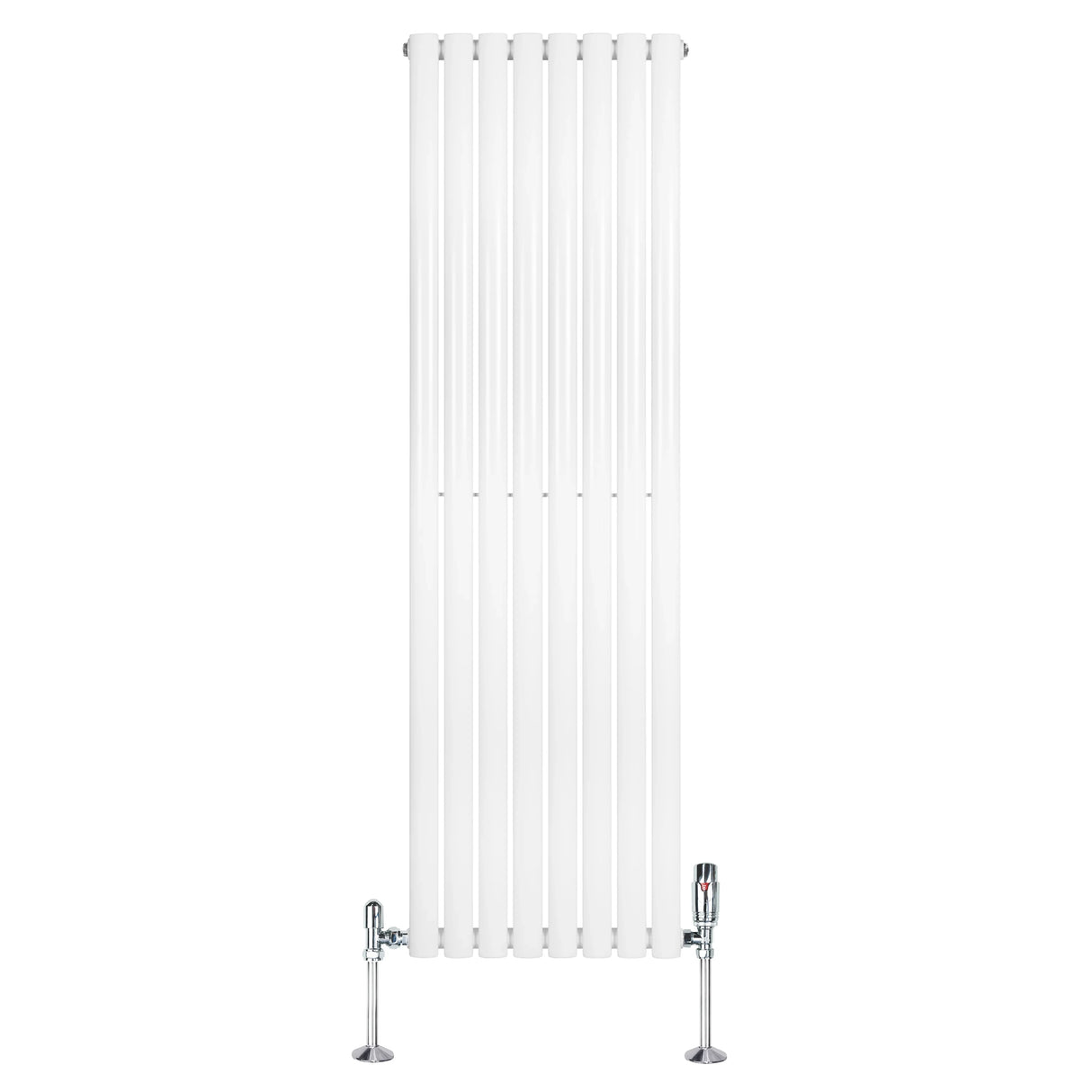 Sleek white oval single column radiator with chrome valves, measuring 1600mm x 480mm, featuring a modern vertical design