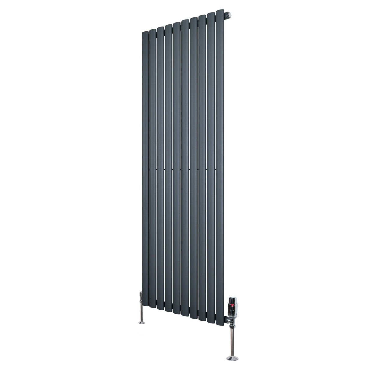 Oval single column radiator in anthracite grey, 1600mm x 600mm, featuring sleek vertical lines and modern valve design