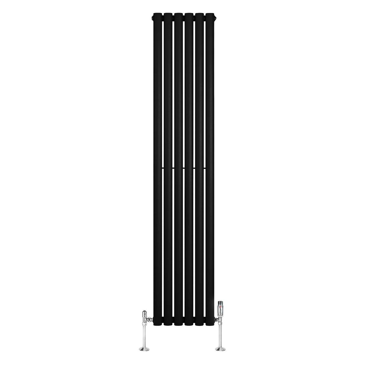 Sleek black oval single column radiator with vertical bars, measuring 1800mm x 360mm, complemented by stylish valves