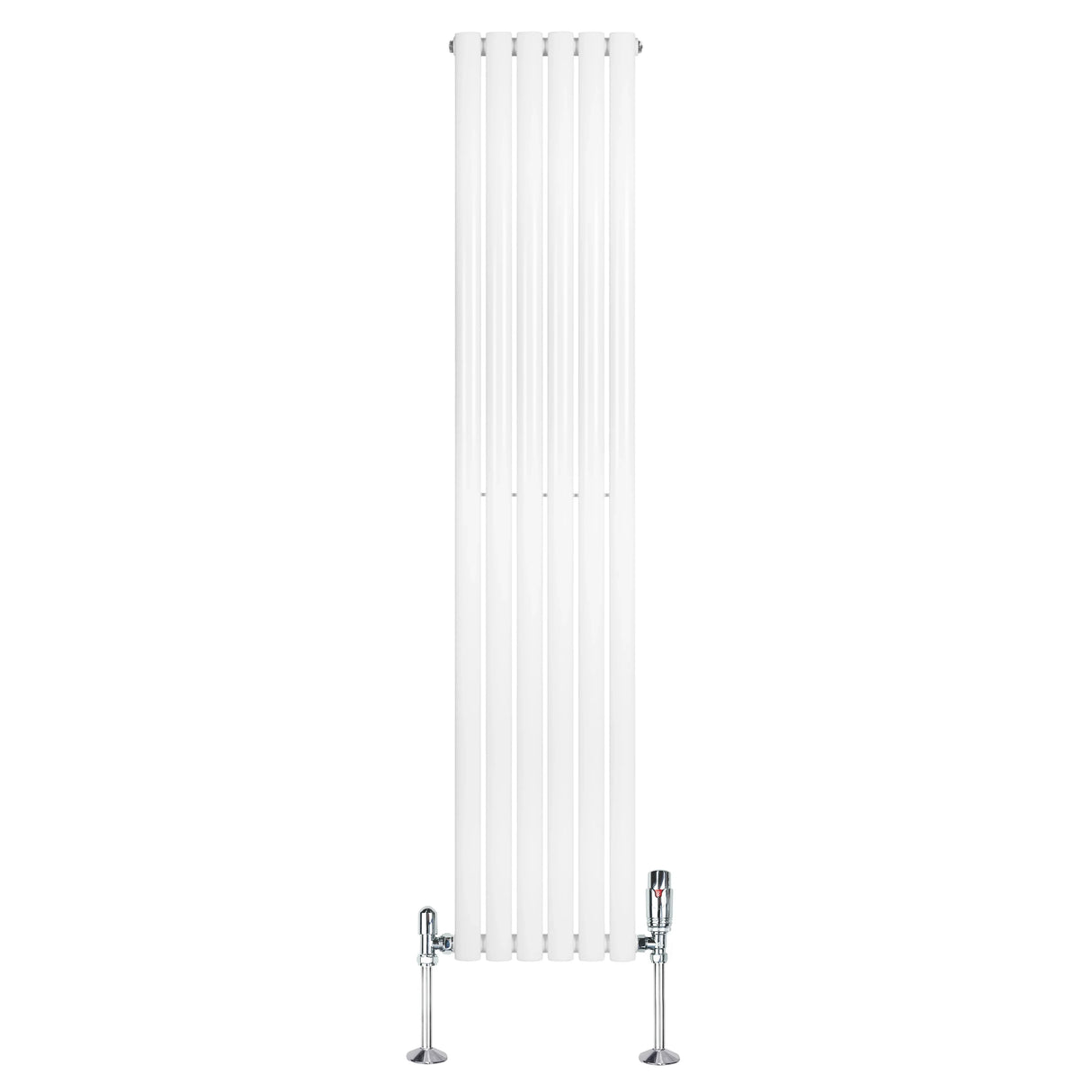 Sleek white oval single column radiator with chrome valves, measuring 1800mm x 360mm, featuring vertical lines and a modern design