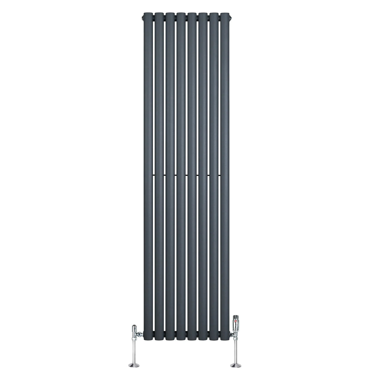 Sleek anthracite grey oval single column radiator with vertical bars, measuring 1800mm x 480mm, featuring stylish valves