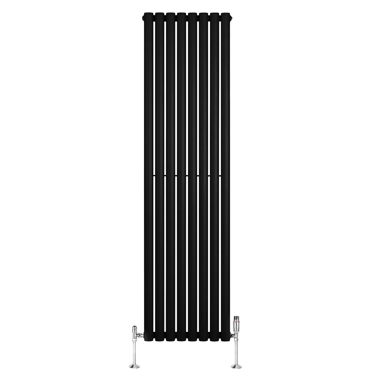 Sleek black oval single column radiator with vertical bars, measuring 1800mm x 480mm, includes stylish valves for modern heating solutions