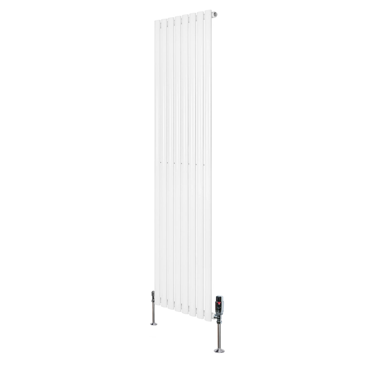 Oval single column radiator in white, 1800mm x 480mm, featuring sleek vertical lines and modern valves for efficient heating