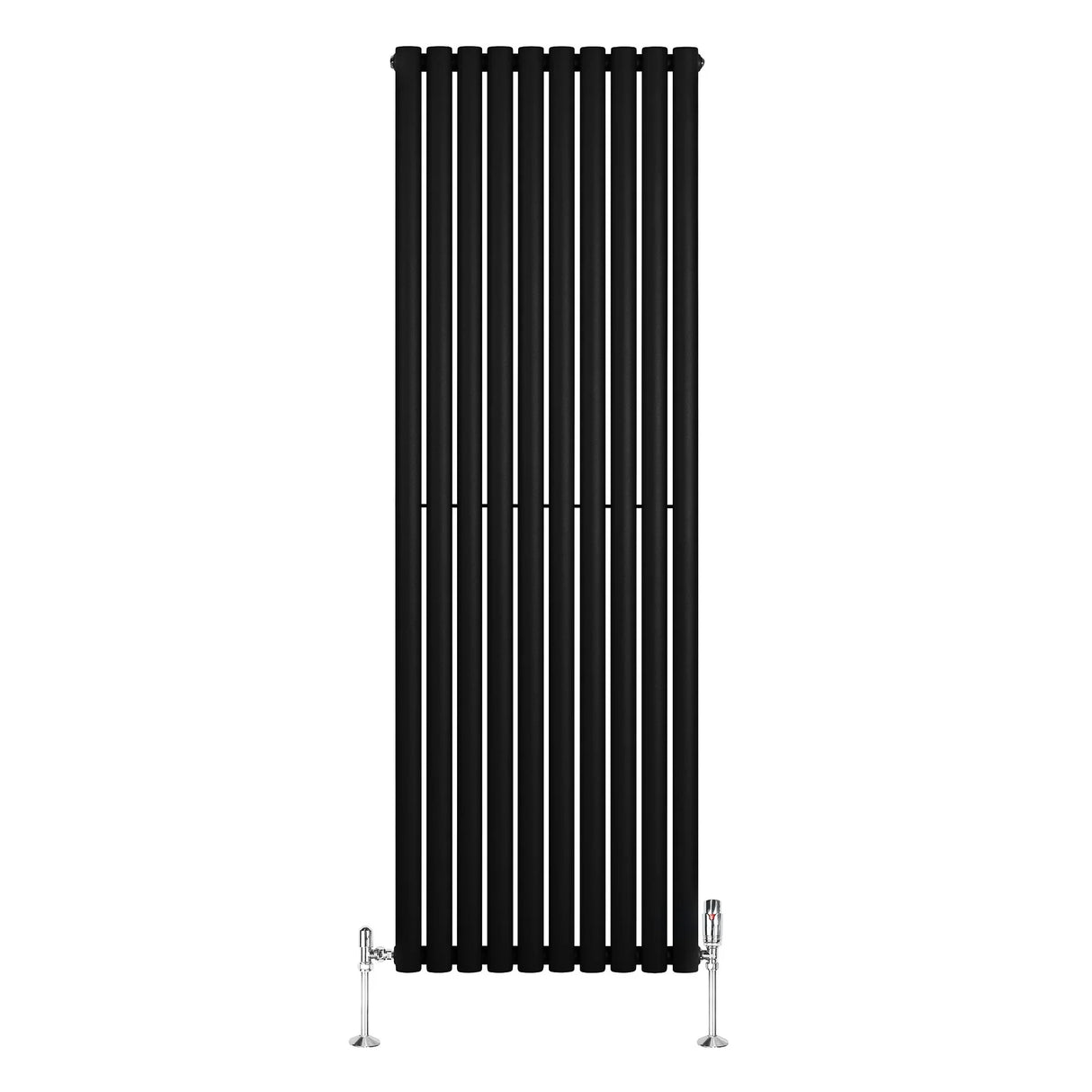 Sleek black oval single column radiator with vertical bars, measuring 1800mm x 600mm, complemented by stylish valves at the base