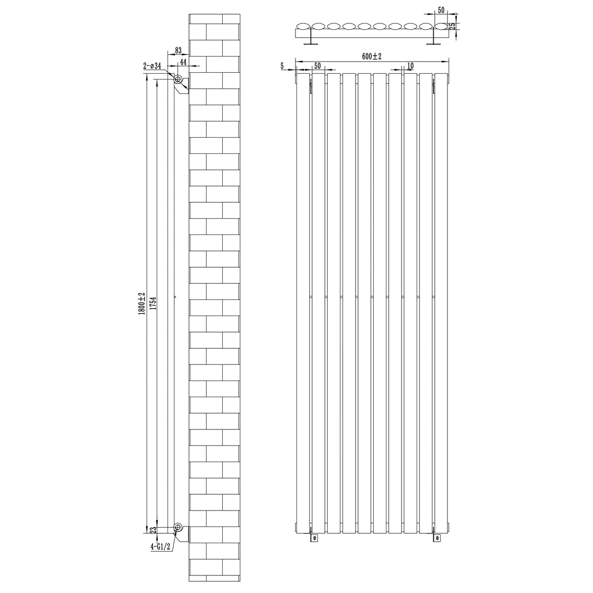 Black oval single column radiator with dimensions 1800mm x 600mm, featuring vertical lines and smooth, sleek finish for modern decor