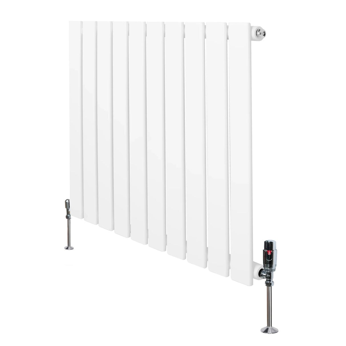 Flat single column radiator in white, measuring 600mm x 700mm, featuring sleek vertical panels and stylish valves on the sides