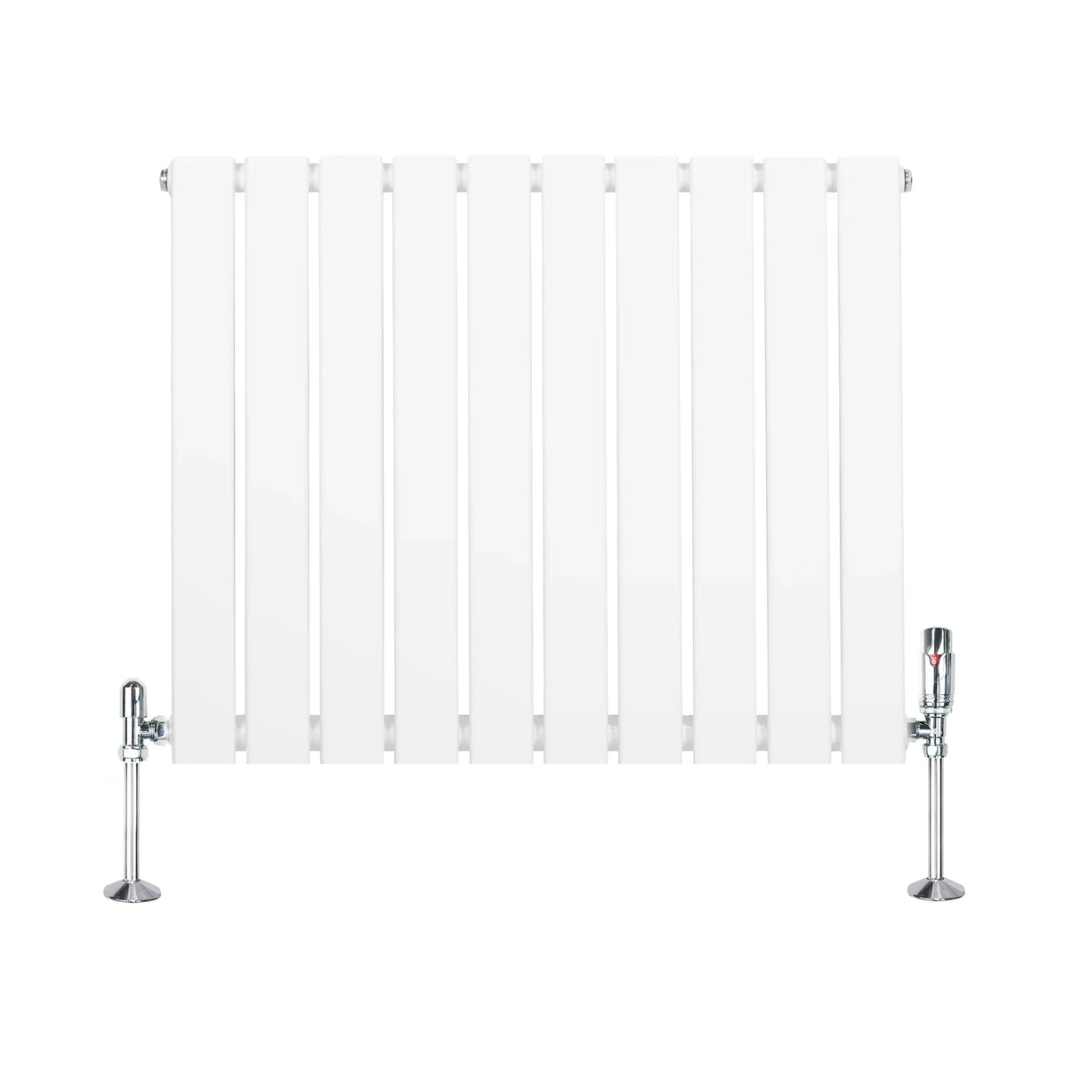 Flat single column radiator in white, measuring 600mm x 700mm, featuring sleek vertical panels and chrome valves for modern decor