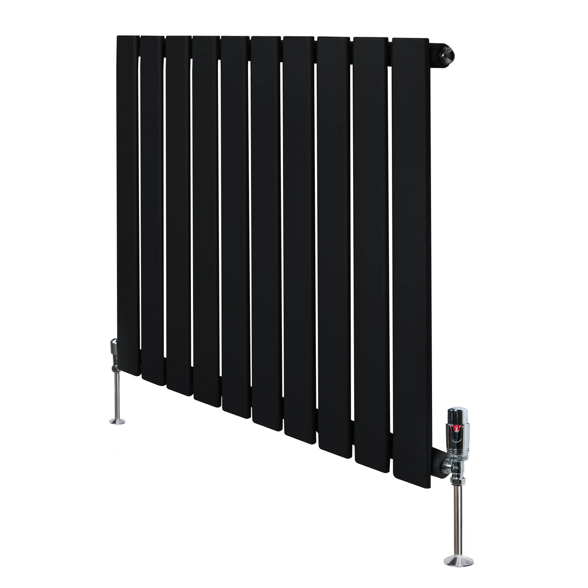 Flat black single column radiator with sleek vertical slats and valves, measuring 600mm x 700mm, ideal for modern interiors